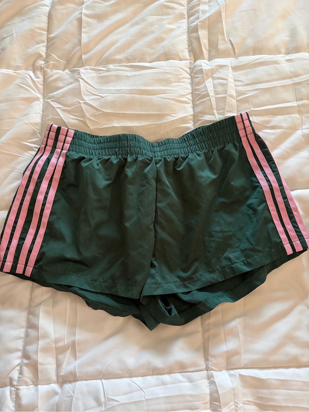 Edikted Dark Green Athletic Shorts with Pink Side Stripes